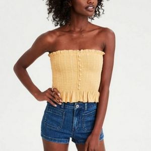 AMERICAN  EAGLE Mustard Yellow Smocked Ruffle Tube Top Faux Buttons Size M